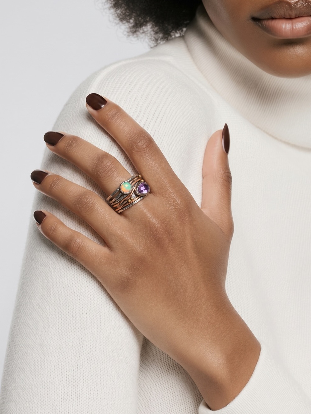 Gold Tone Multi-Stone Statement Ring - Purple & Opal☑️